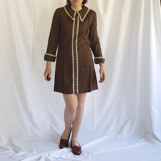 60s Brown Mod Dagger Collar Dress