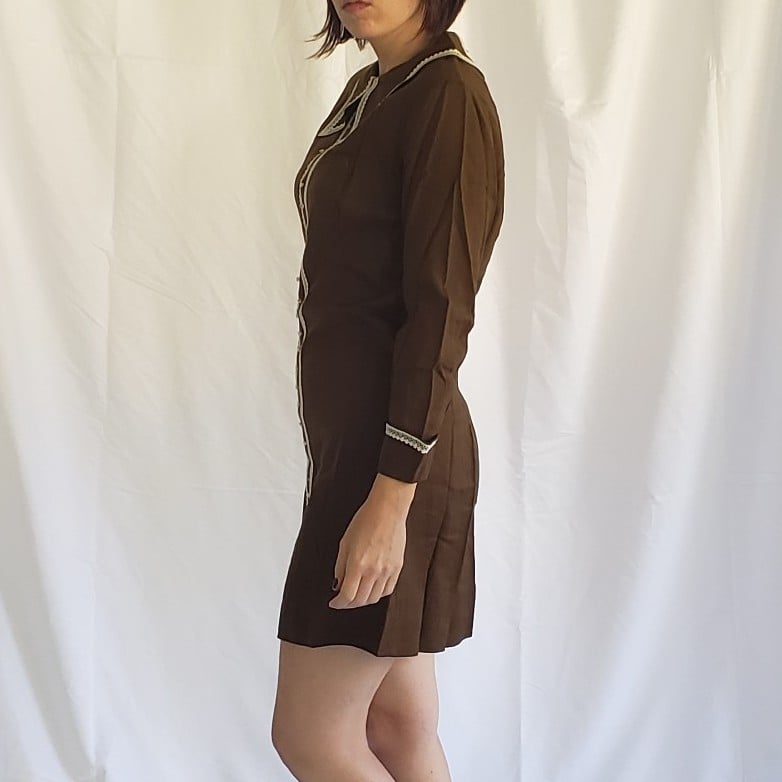 60s Brown Mod Dagger Collar Dress