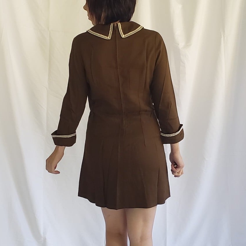 60s Brown Mod Dagger Collar Dress