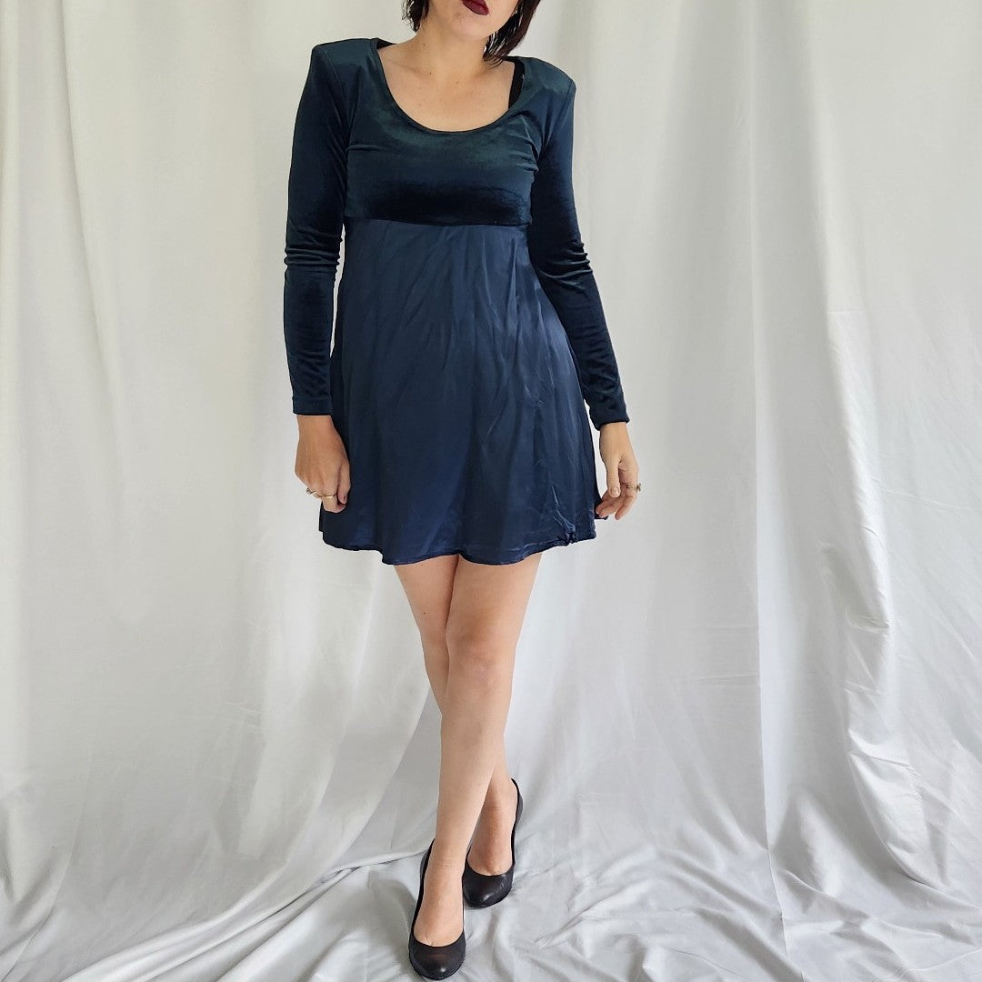 90s Blue Velvet and Satin Babydoll Mini Dress