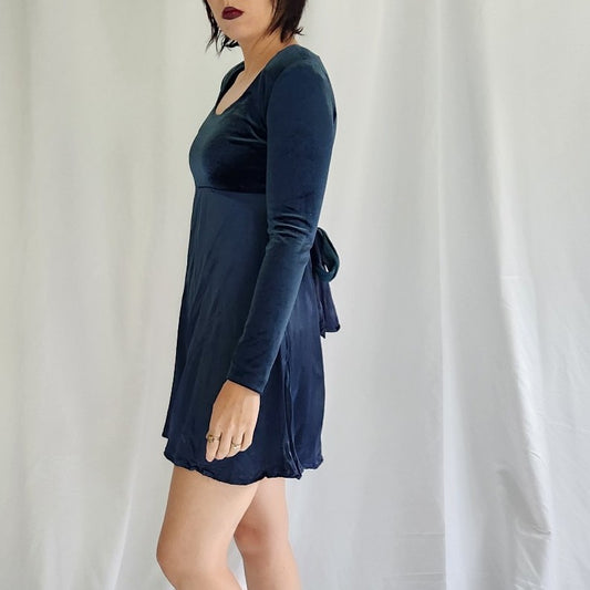 90s Blue Velvet and Satin Babydoll Mini Dress