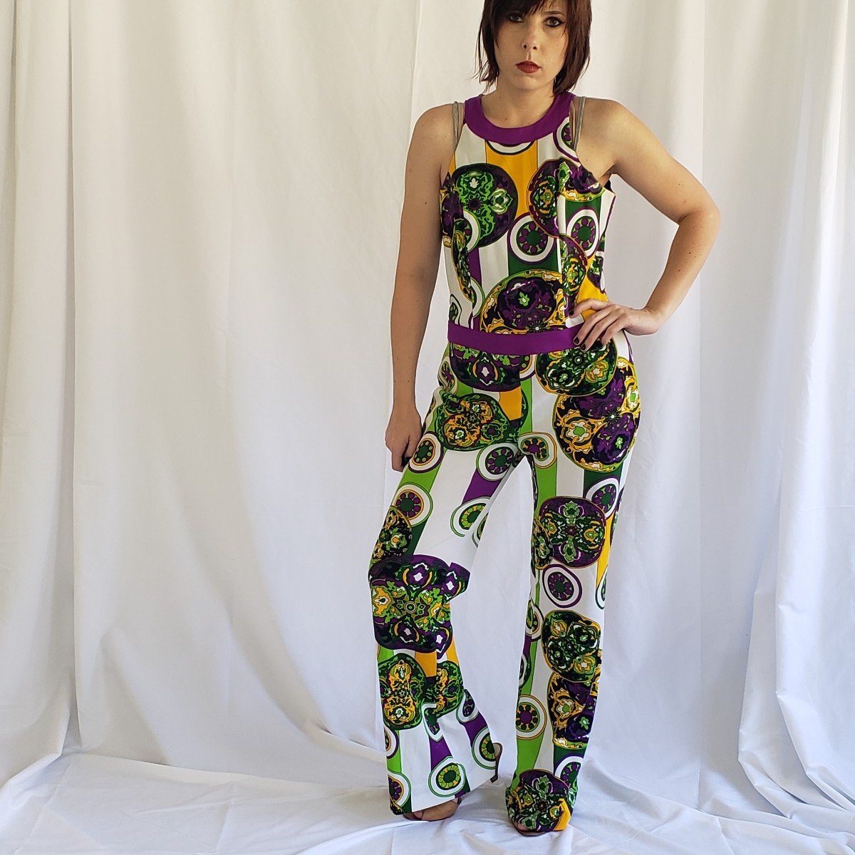 70s Purple, Green, and Yellow Groovy Jumpsuit