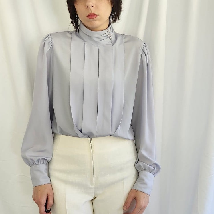 80s Purple Pleated High Neck Blouse