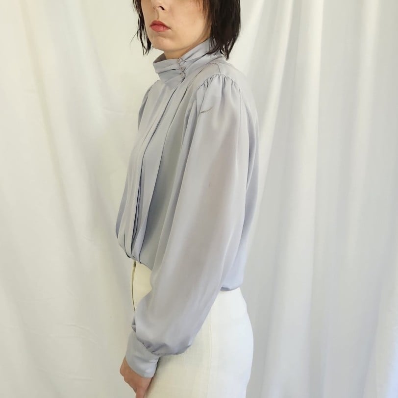 80s Purple Pleated High Neck Blouse