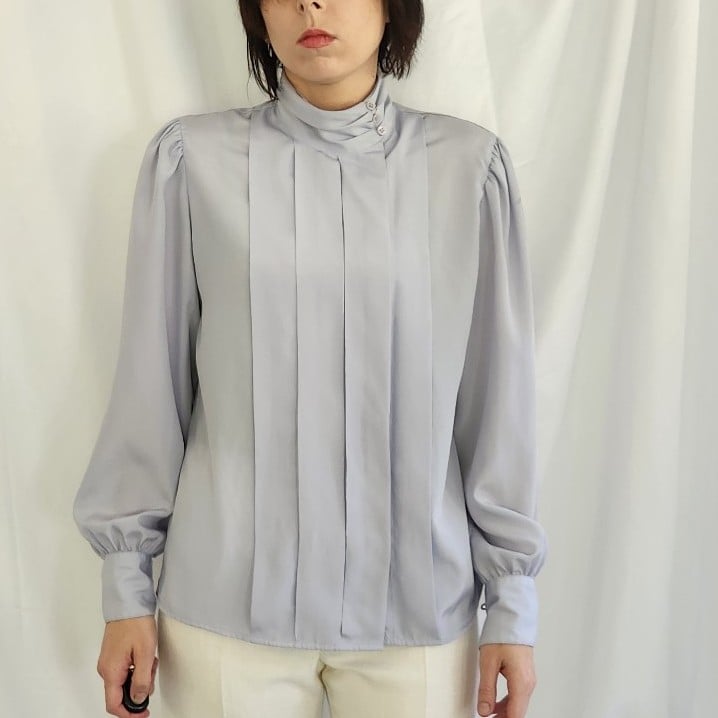 80s Purple Pleated High Neck Blouse