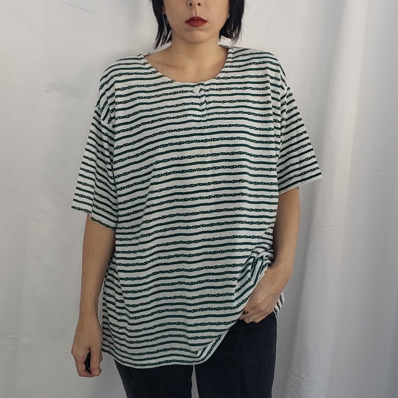 90s White and Green Striped Tee