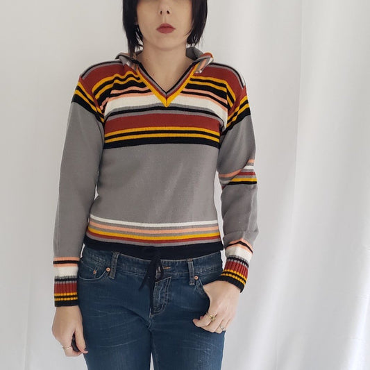 70s Gray Striped Hooded Sweater