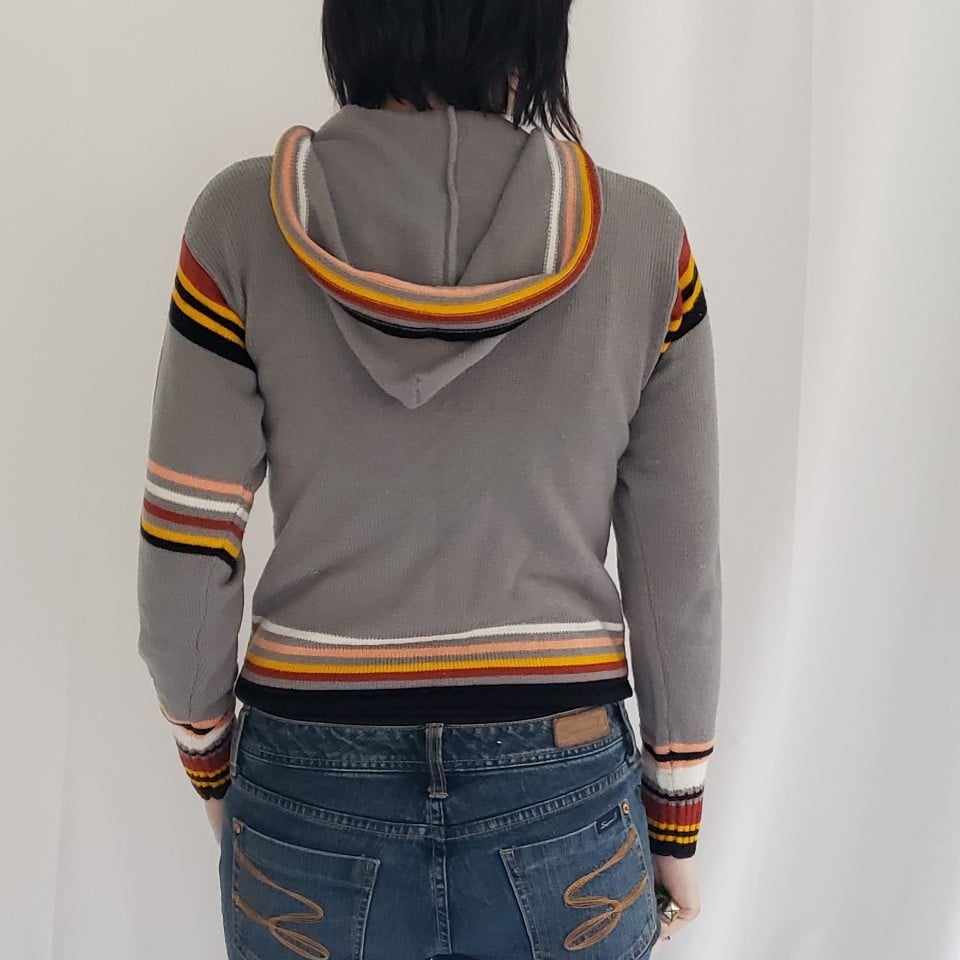 70s Gray Striped Hooded Sweater