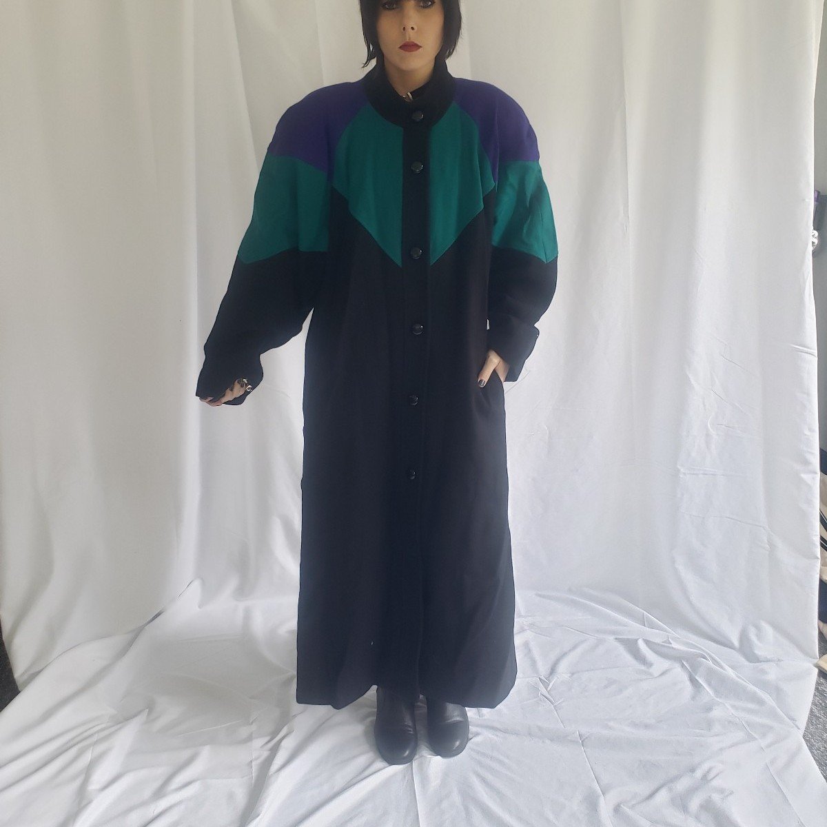 90s Black, Green, and Purple Wool Overcoat