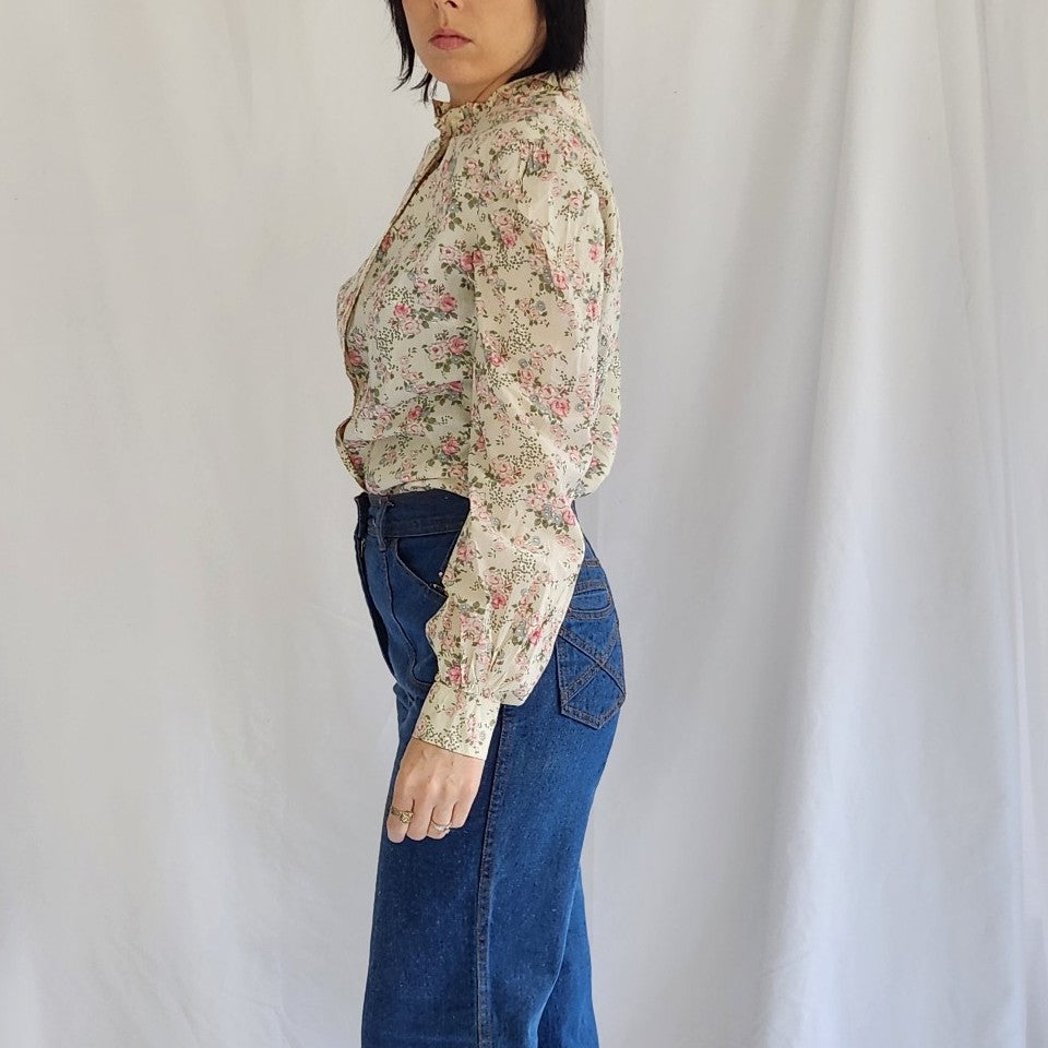 70s Ivory and Pink Floral Home Made Blouse