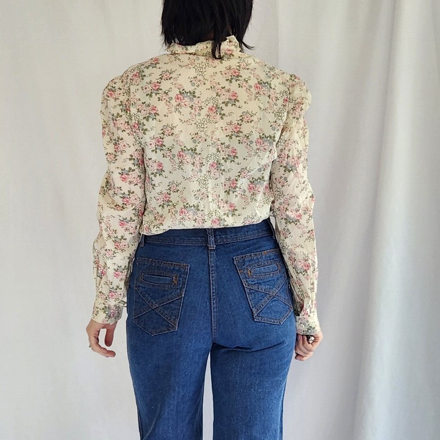 70s Ivory and Pink Floral Home Made Blouse