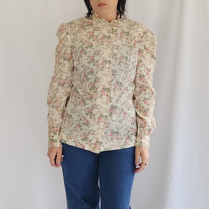 70s Ivory and Pink Floral Home Made Blouse