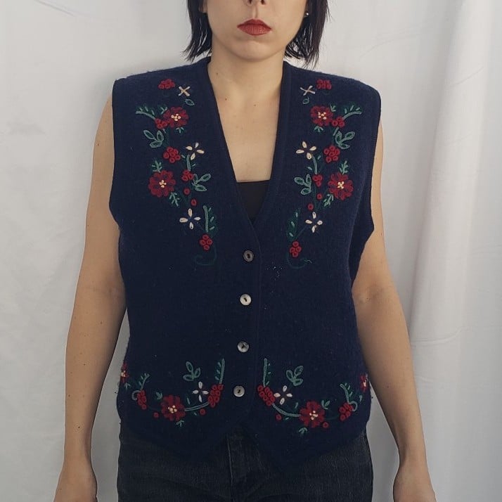 Talbots Blue Wool Embroidered Sweater Vest