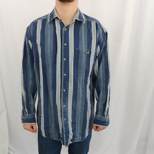 90s Blue and Green Striped Button Down
