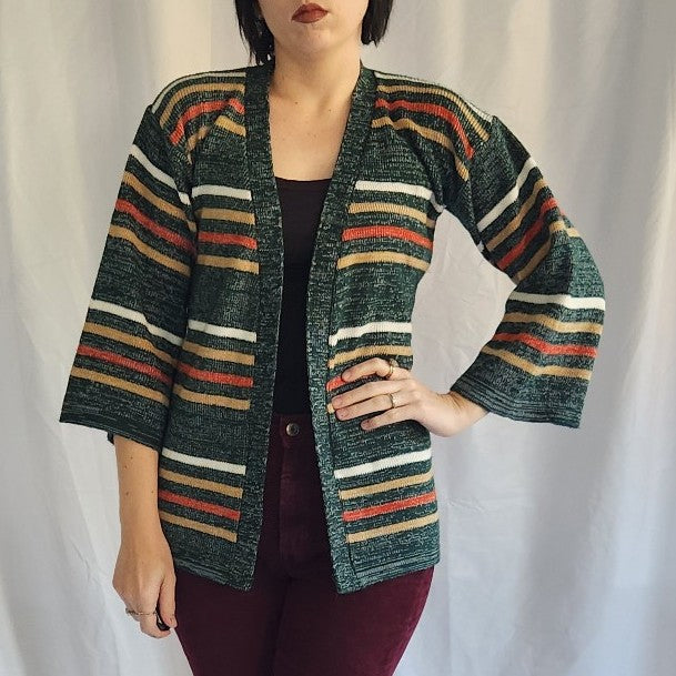 70s Green Striped Cardigan