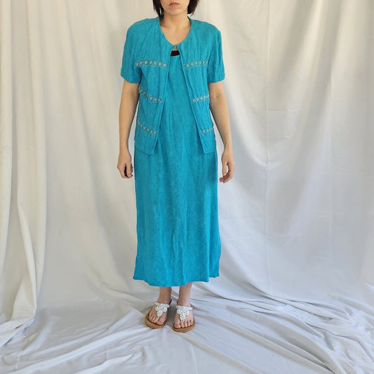 90s Blue Rayon Dress and Top Set