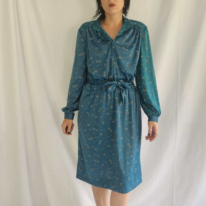 70s Teal Floral Long Sleeve Dress