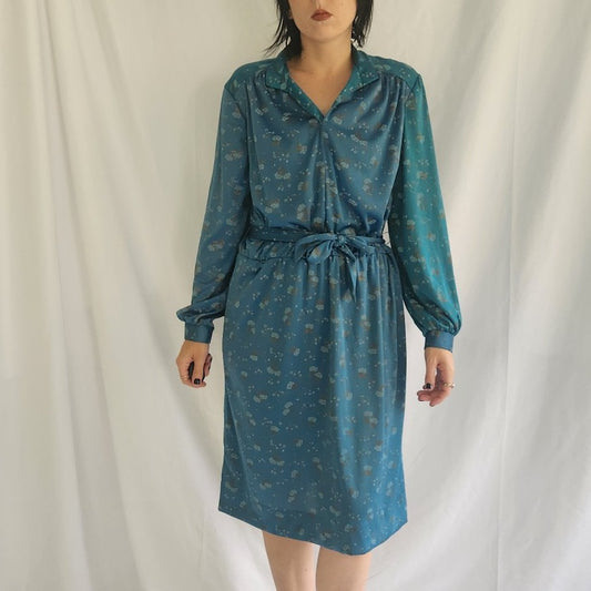 70s Teal Floral Long Sleeve Dress