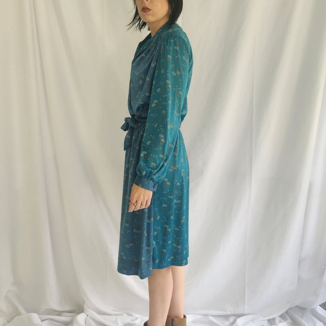 70s Teal Floral Long Sleeve Dress