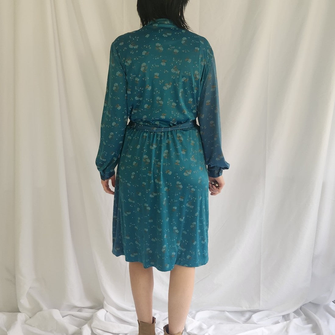 70s Teal Floral Long Sleeve Dress