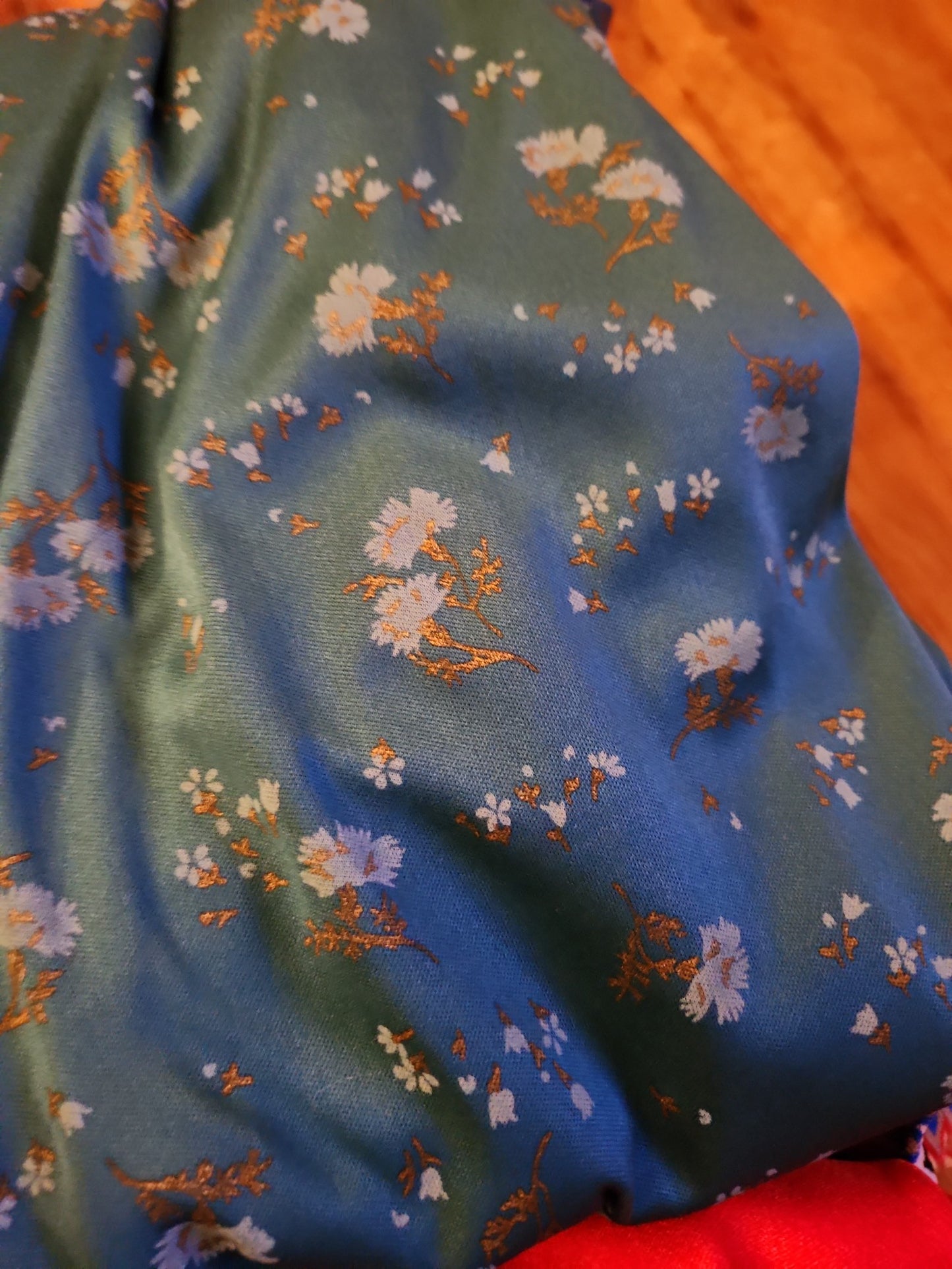 70s Teal Floral Long Sleeve Dress