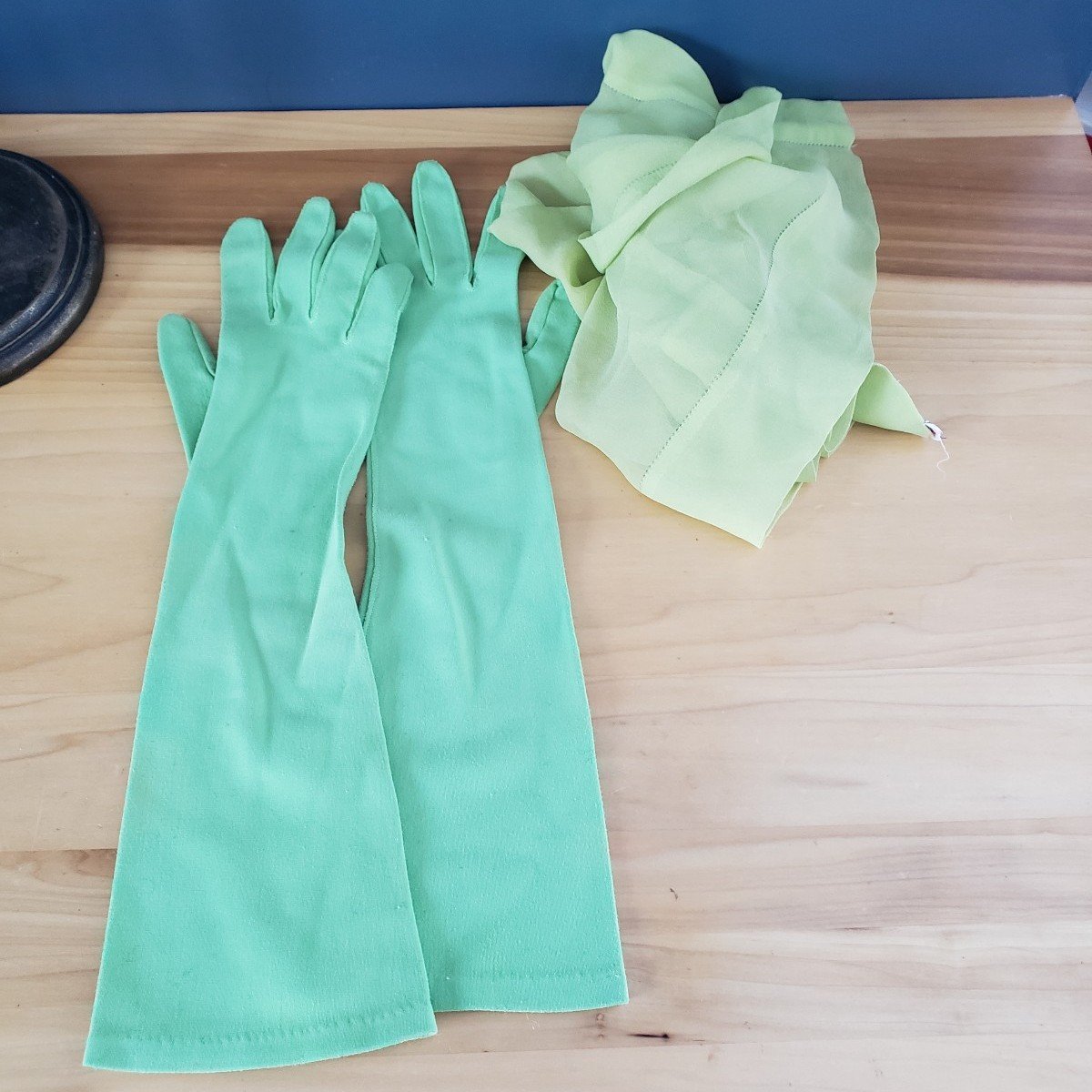 60s Green Elbow Length Gloves and Silk(?) Scarf