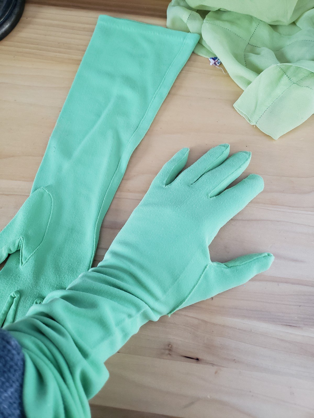 60s Green Elbow Length Gloves and Silk(?) Scarf