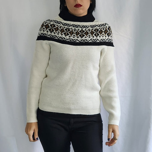 80s White, Black, and Brown Mock Turtleneck Sweater