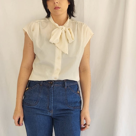 70s Ivory Sleeveless Blouse with Bow