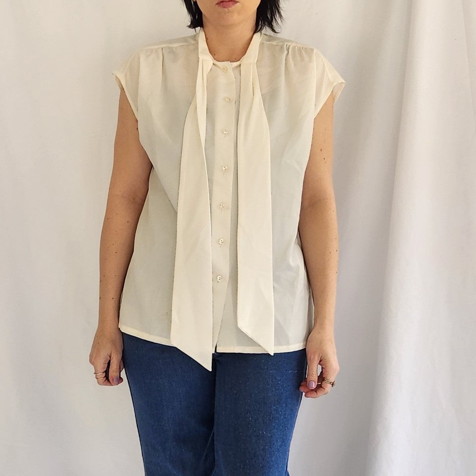 70s Ivory Sleeveless Blouse with Bow