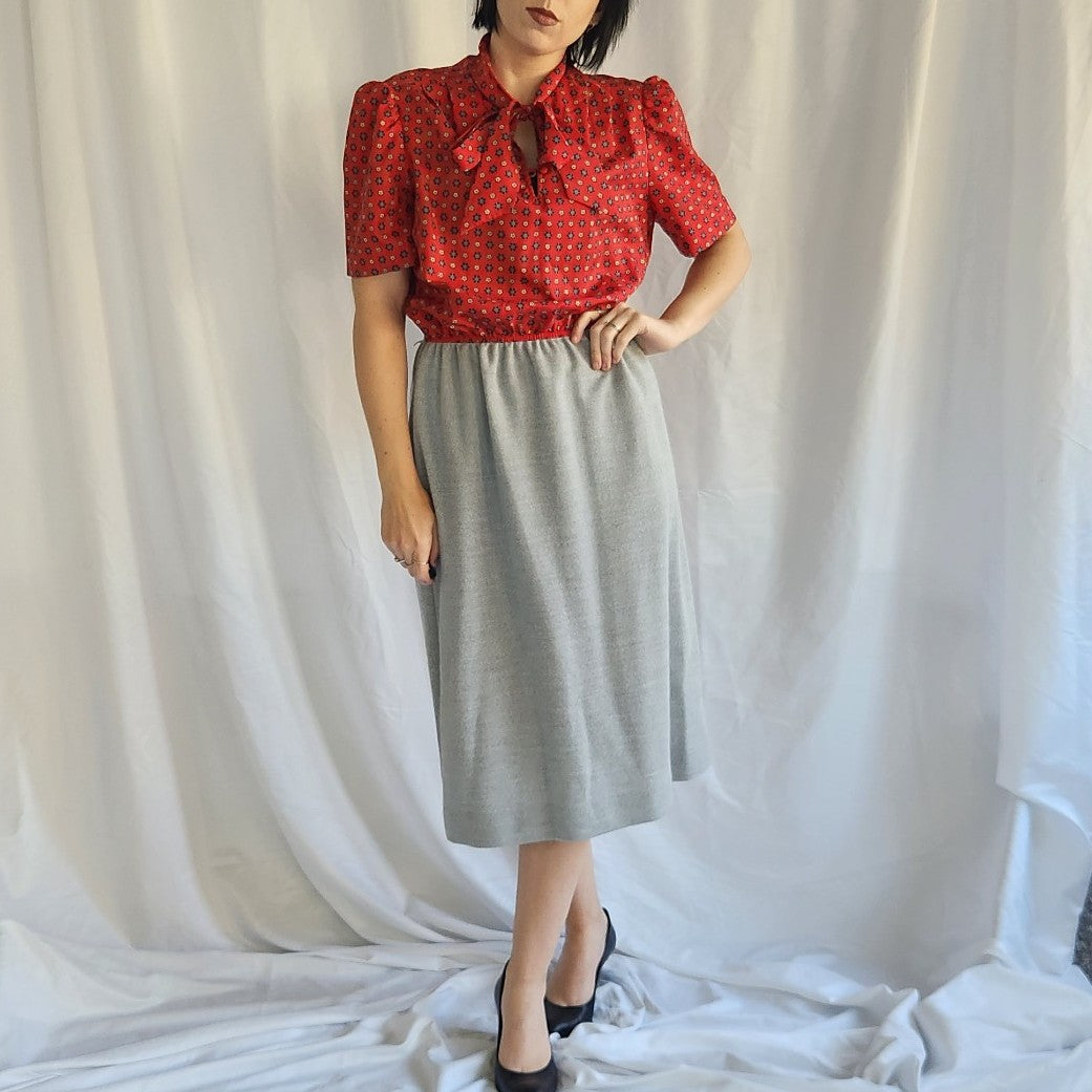 70s/80s Red and Gray Day Dress