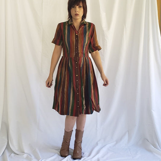 60s Red, Brown, Green and Blue Striped Day Dress