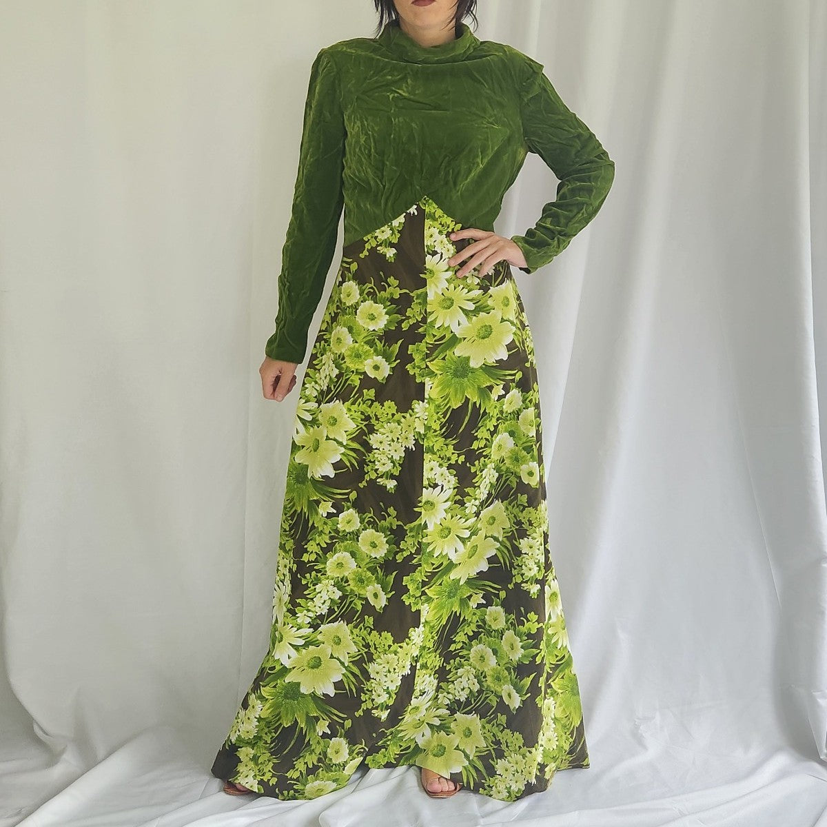 70s Green Velvet Floral Maxi Dress