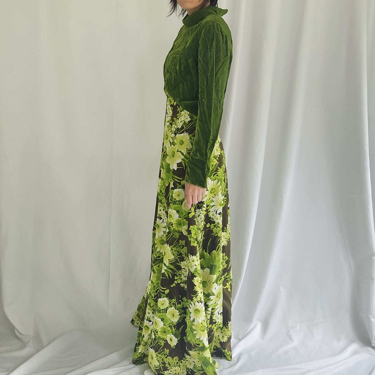 70s Green Velvet Floral Maxi Dress
