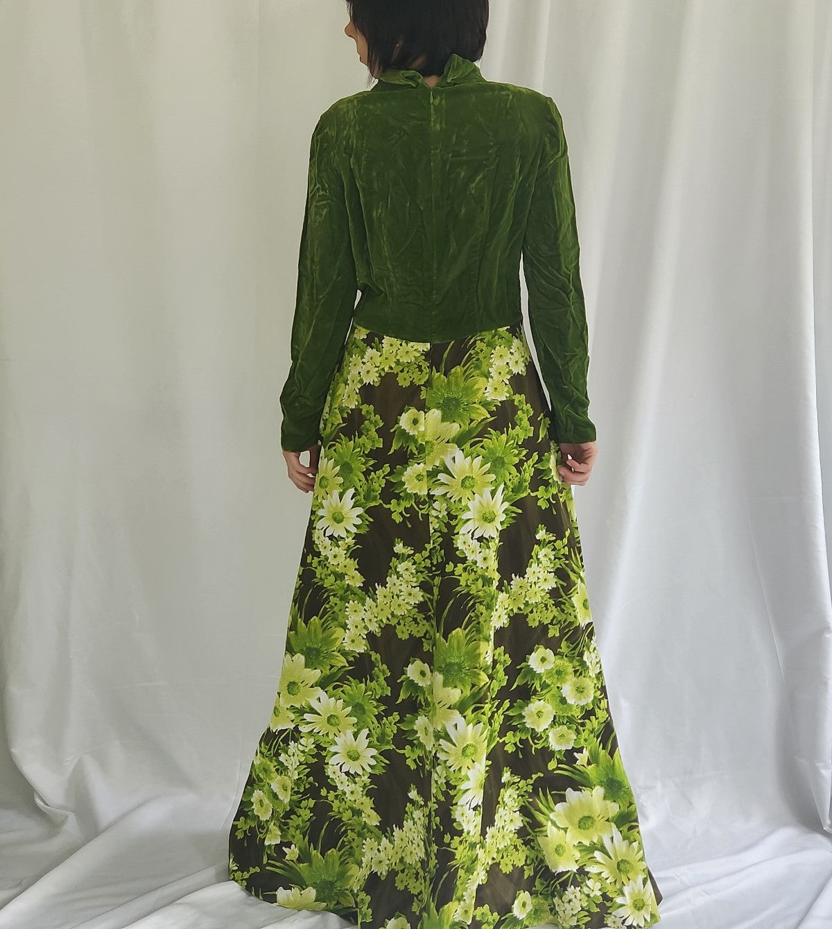 70s Green Velvet Floral Maxi Dress