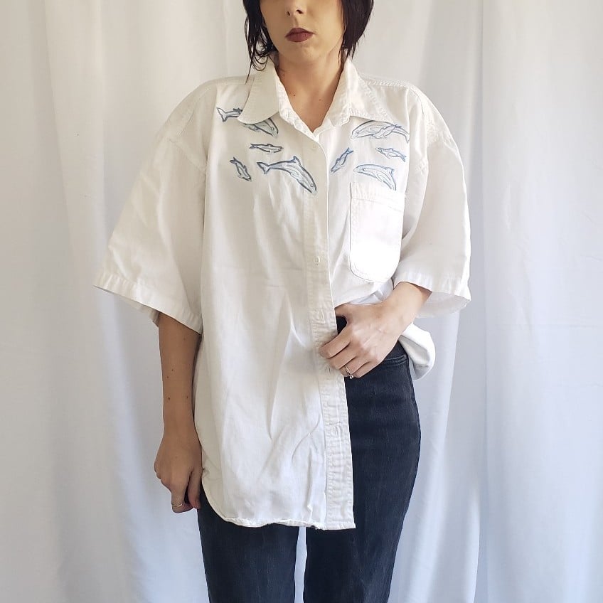 90s Dolphin Embroidered Button Down Shirt