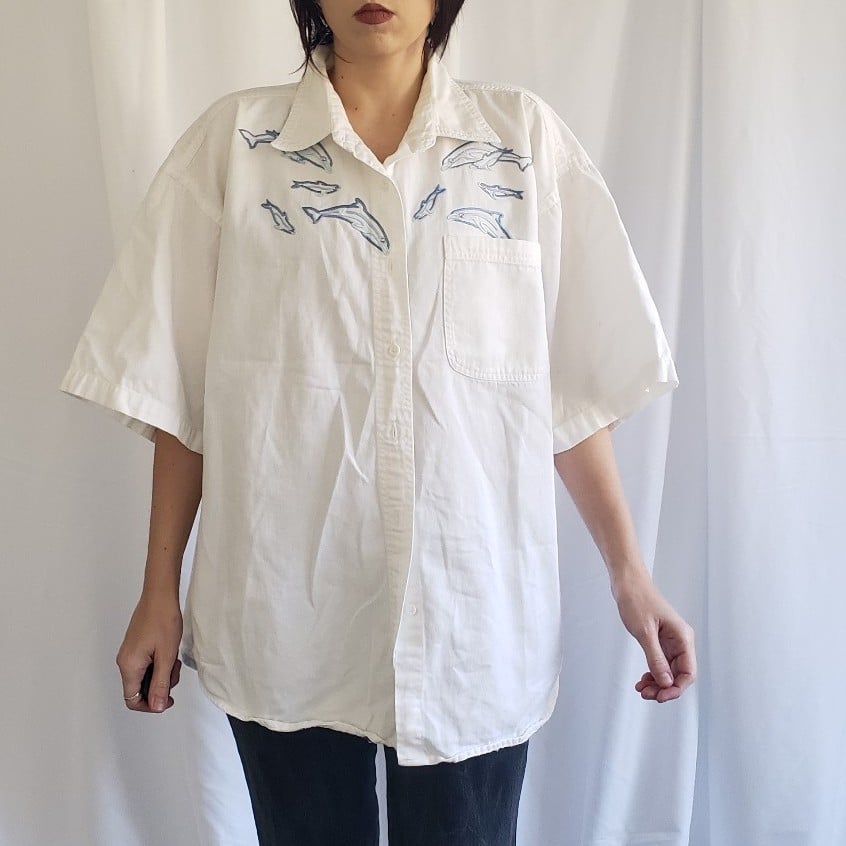 90s Dolphin Embroidered Button Down Shirt