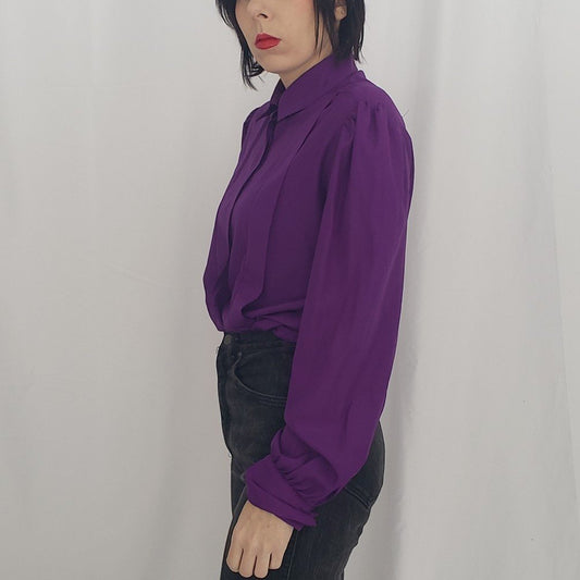 80s Purple Pleated Button Down Blouse