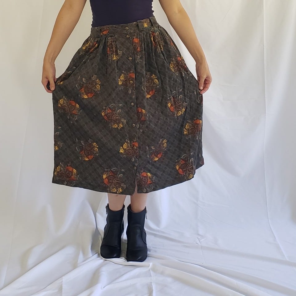 90s Blue Corduroy Floral Button Down Skirt