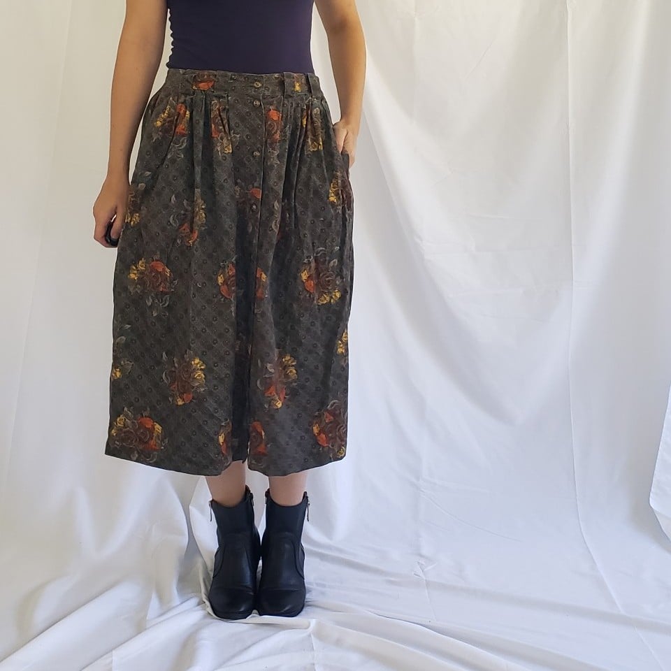 90s Blue Corduroy Floral Button Down Skirt