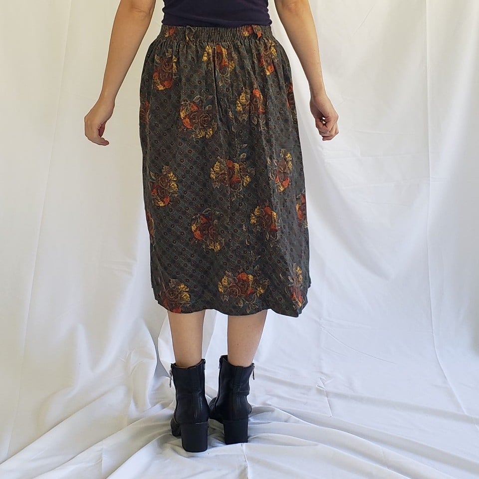 90s Blue Corduroy Floral Button Down Skirt