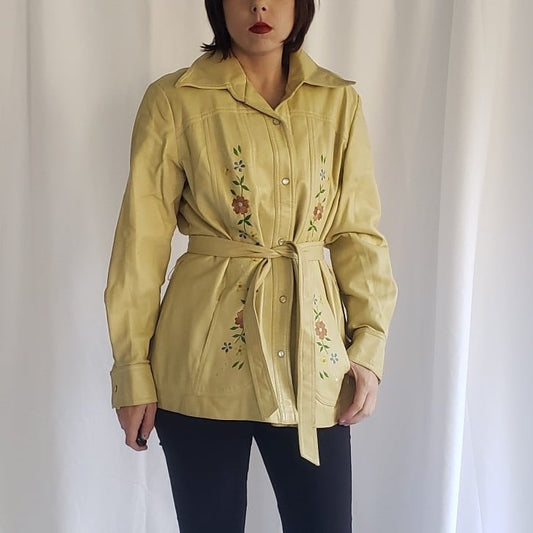 70s Yellow Faux Leather Floral Embroidered Jacket