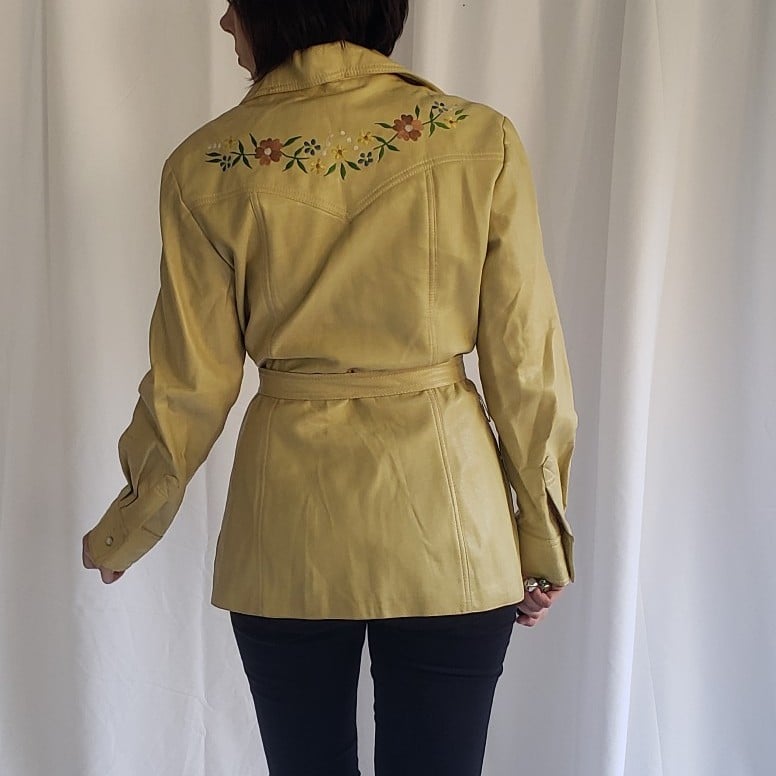 70s Yellow Faux Leather Floral Embroidered Jacket