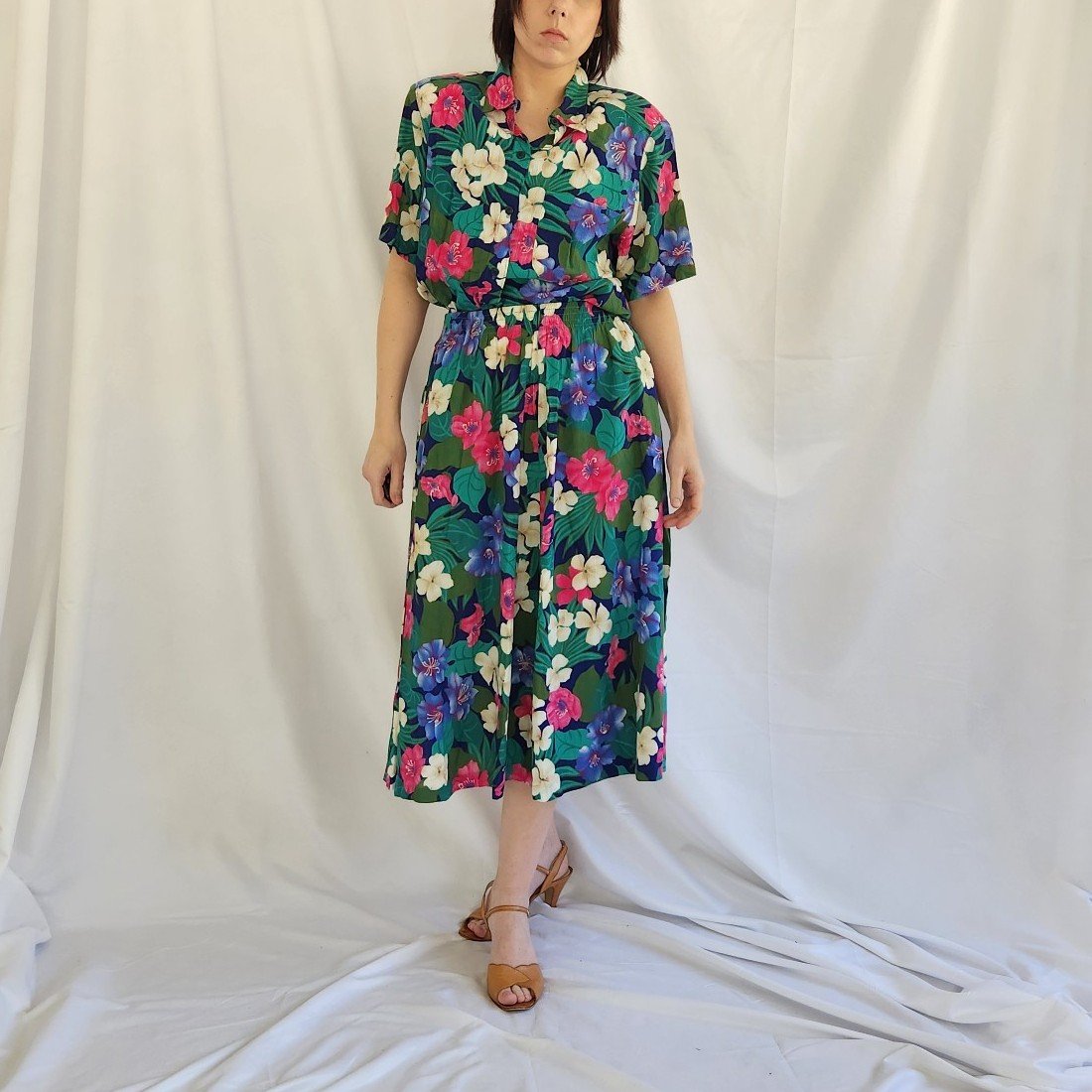 90s Blue, Green, and Pink Floral Skirt Set