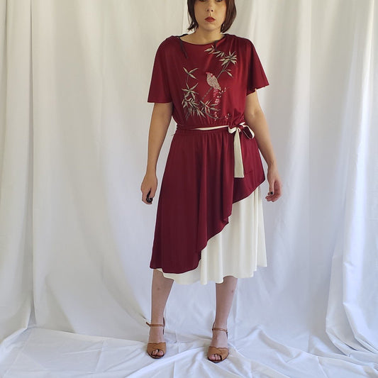 70s Red and White Dress with Bird Print