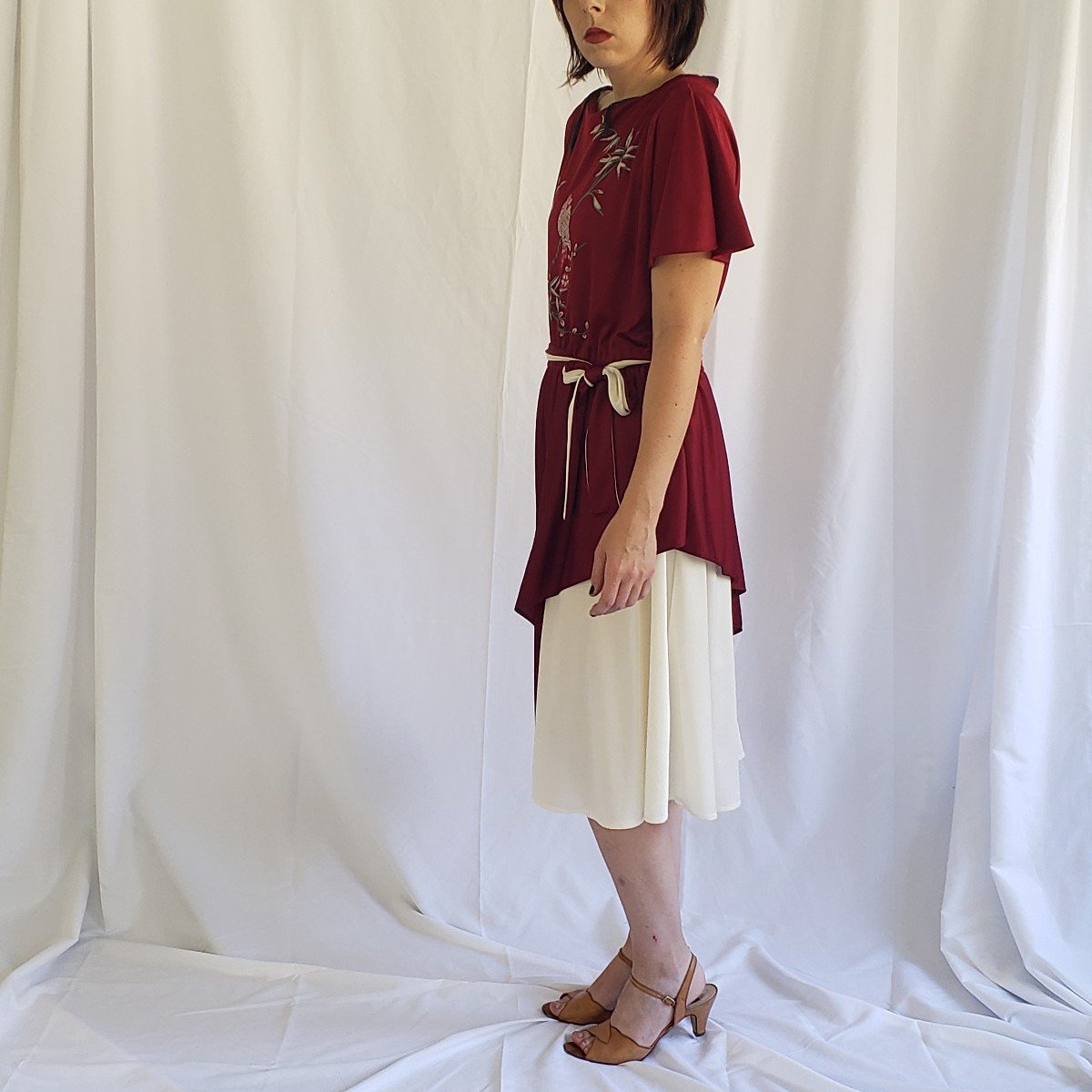 70s Red and White Dress with Bird Print