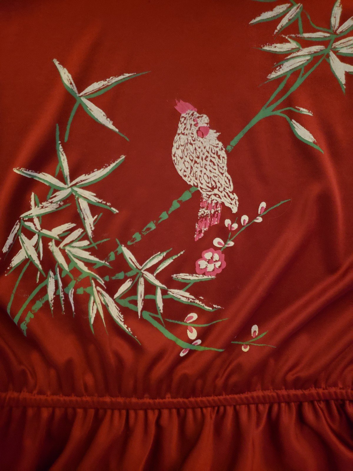 70s Red and White Dress with Bird Print