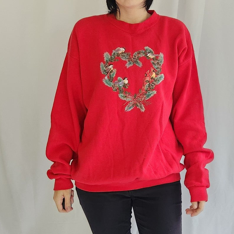 90s Red Winter Birds Wreath Crew Neck Sweatshirt