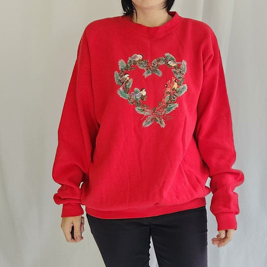90s Red Winter Birds Wreath Crew Neck Sweatshirt