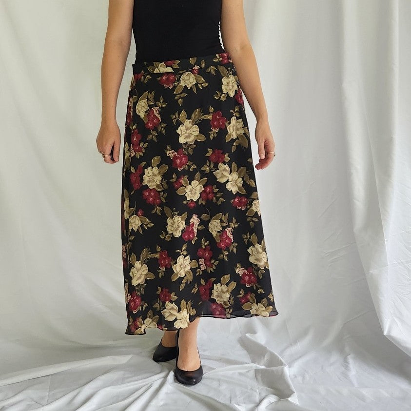 90s Black, Pink, and Beige Dark Floral Maxi Skirt